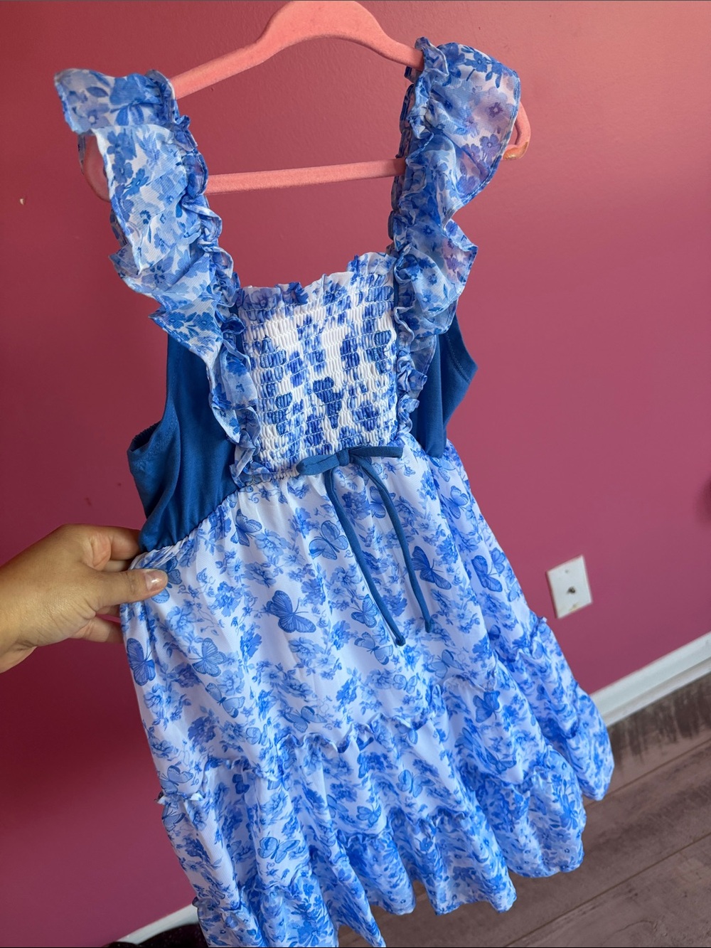 Blue Floral Ruffle Strap Girls' Dress